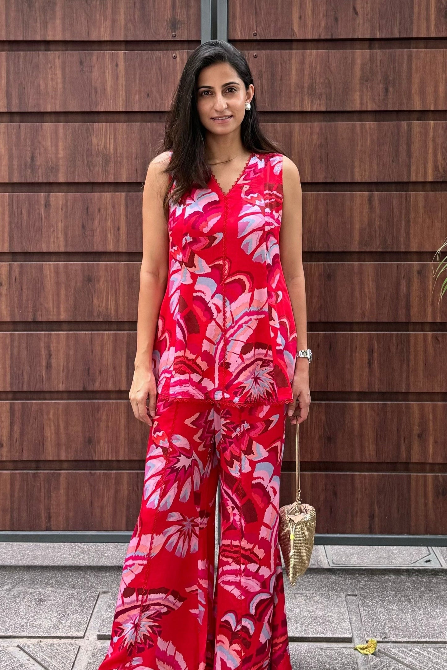 Red Flowy Short Kurta Set