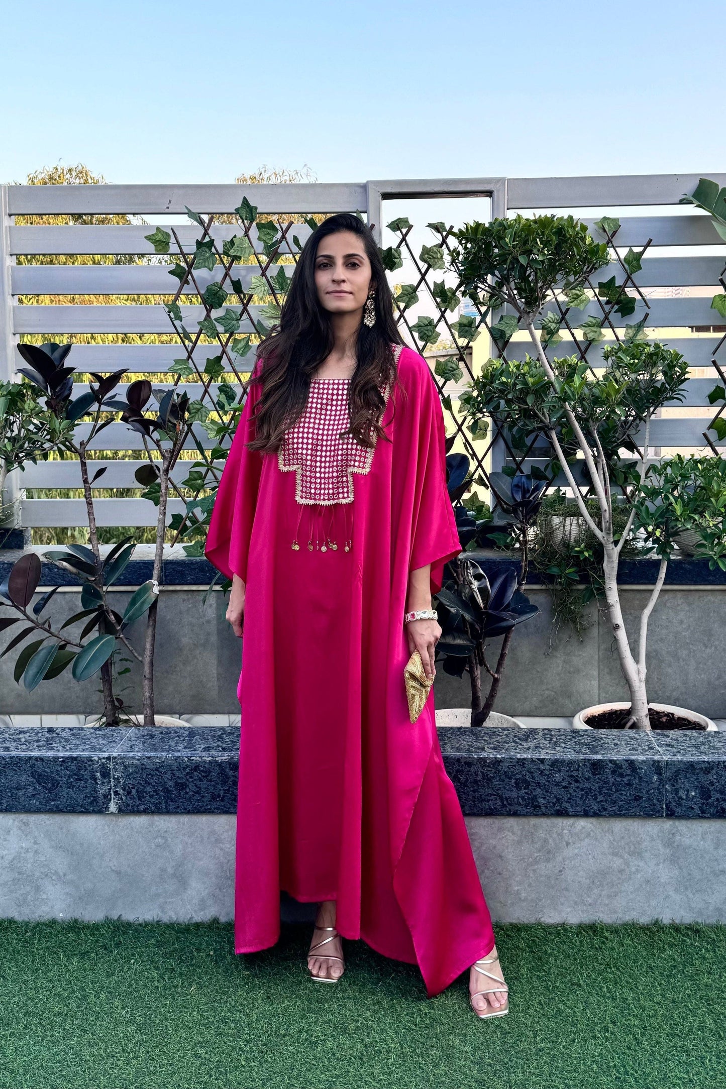 Pink Mirror Work Kaftan
