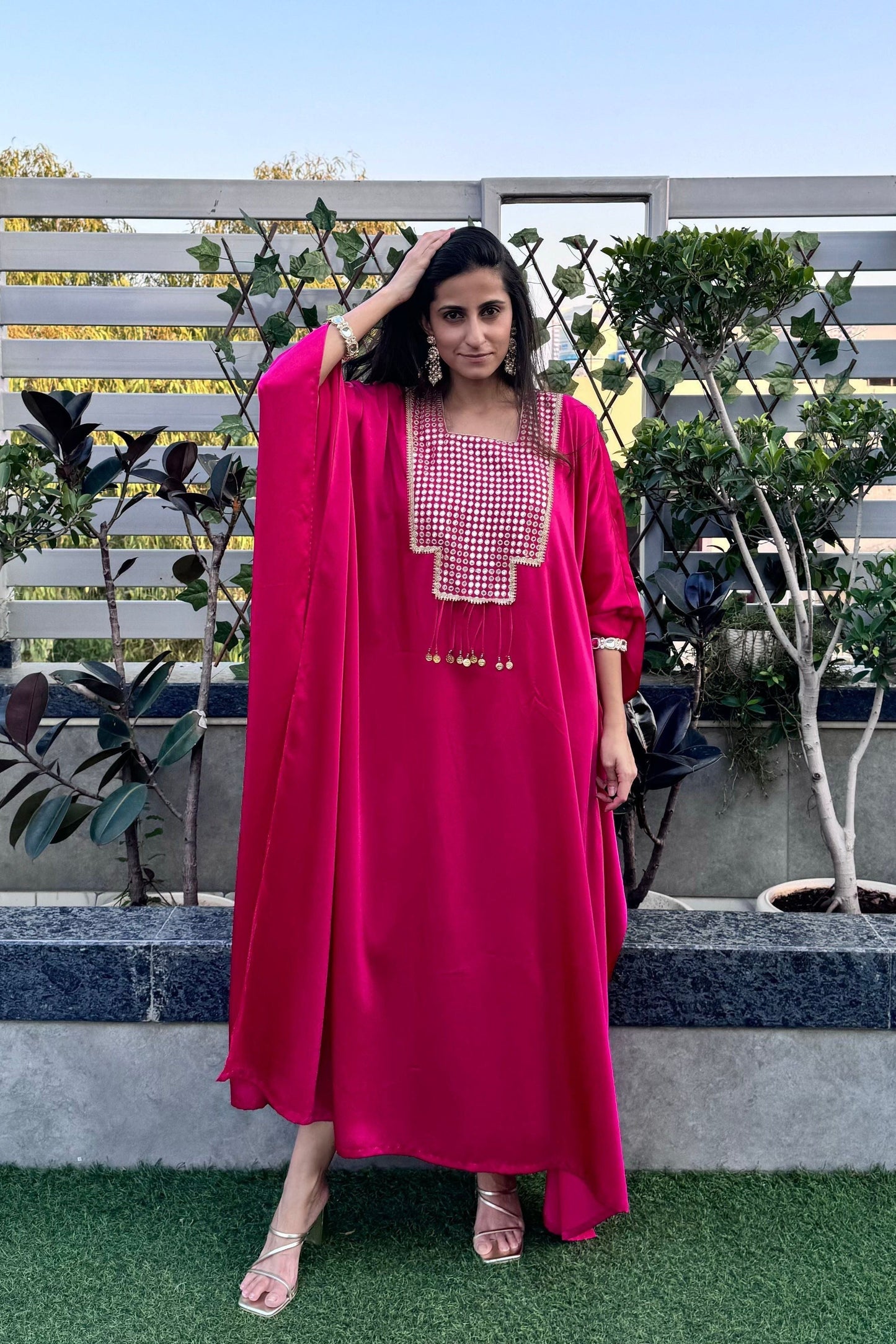 Pink Mirror Work Kaftan