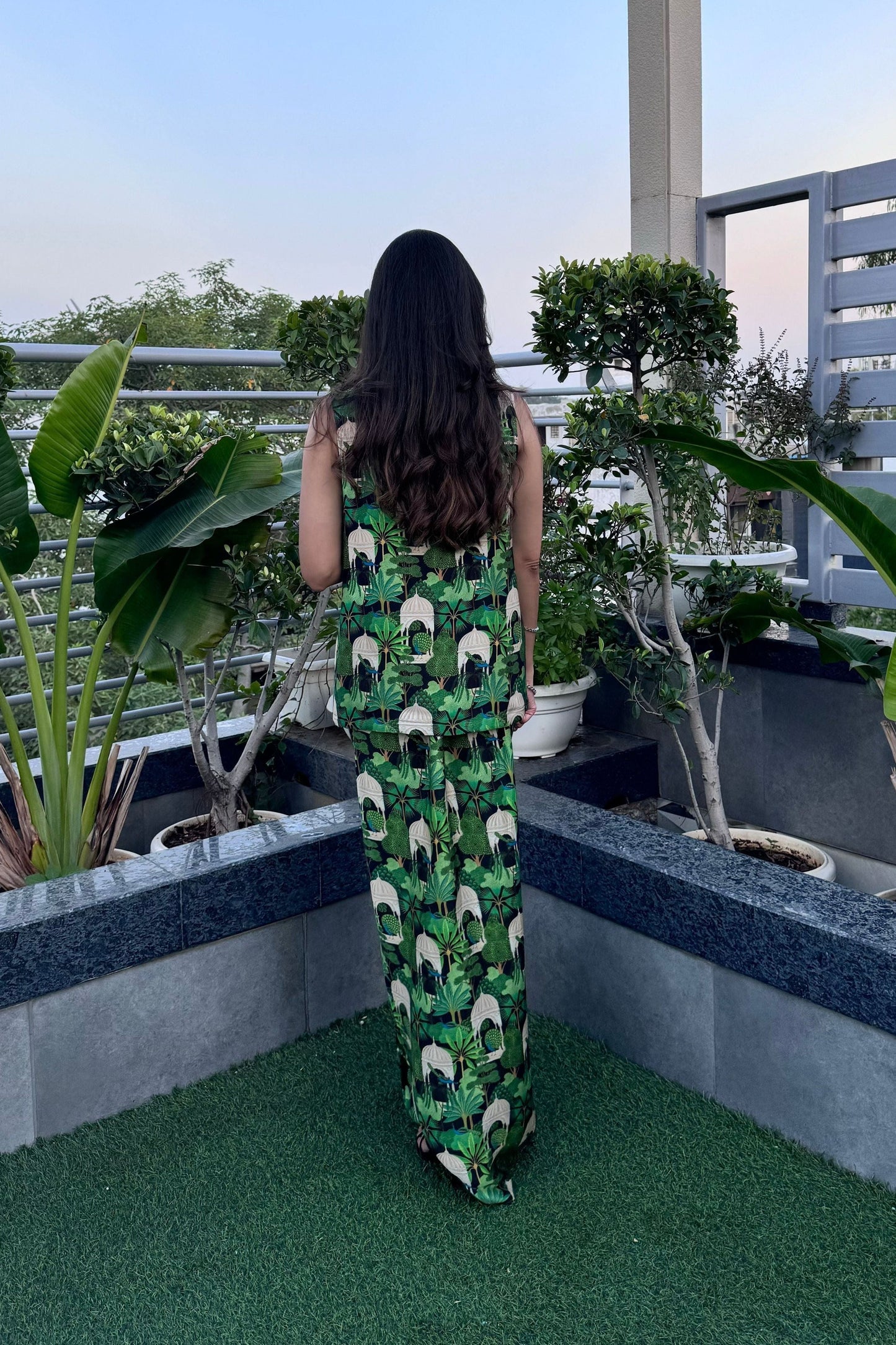 Green and Black Blazer Draped Skirt Set