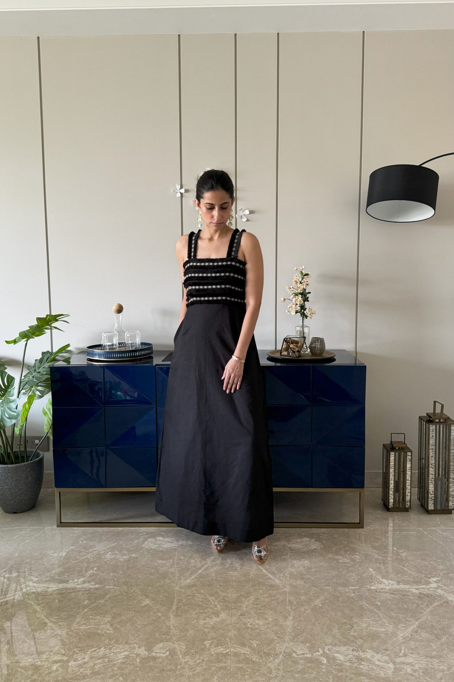 black fringe maxi dress