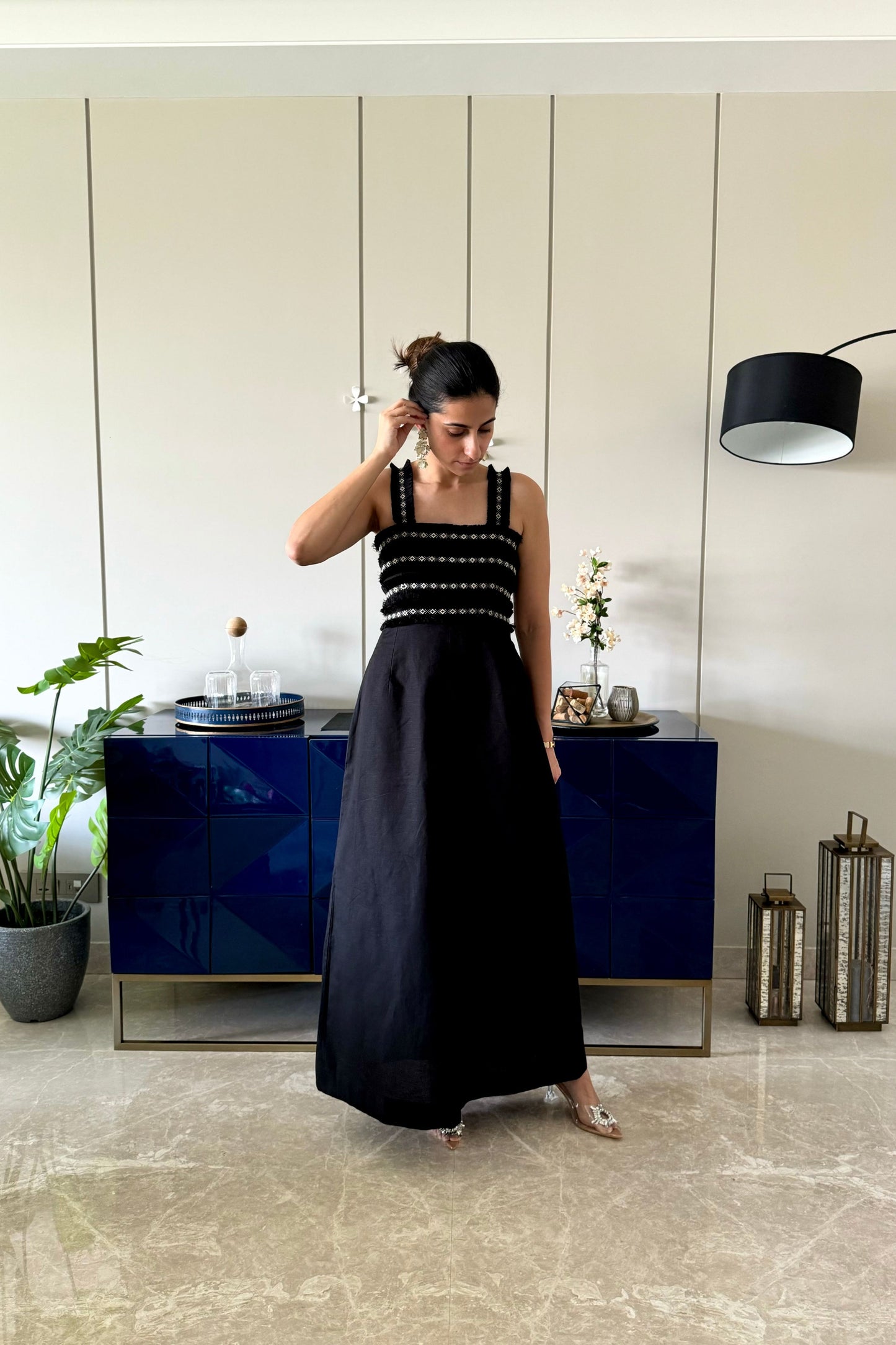 black fringe maxi dress