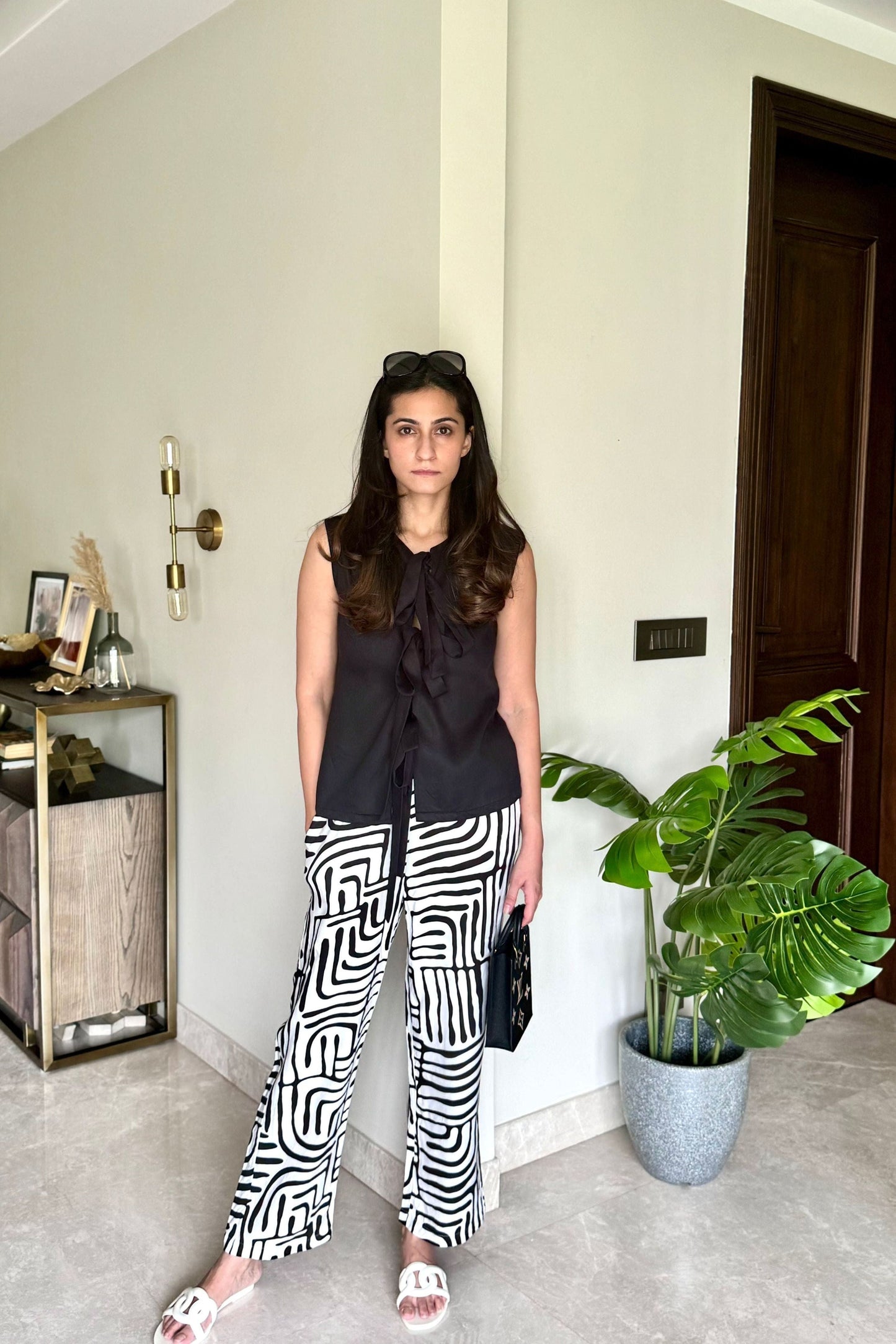 Front Tie Black And White Top Set