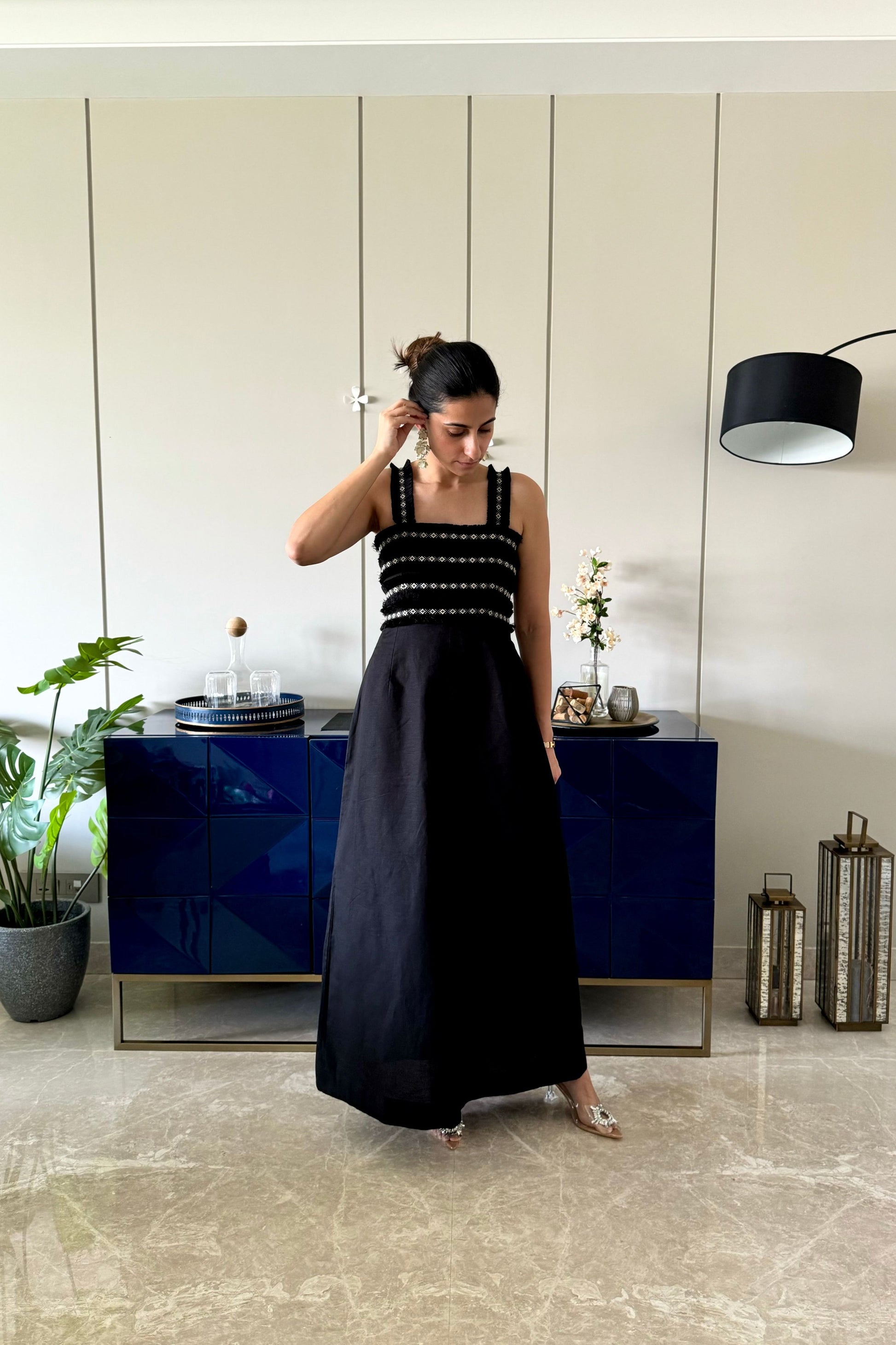 black fringe maxi dress