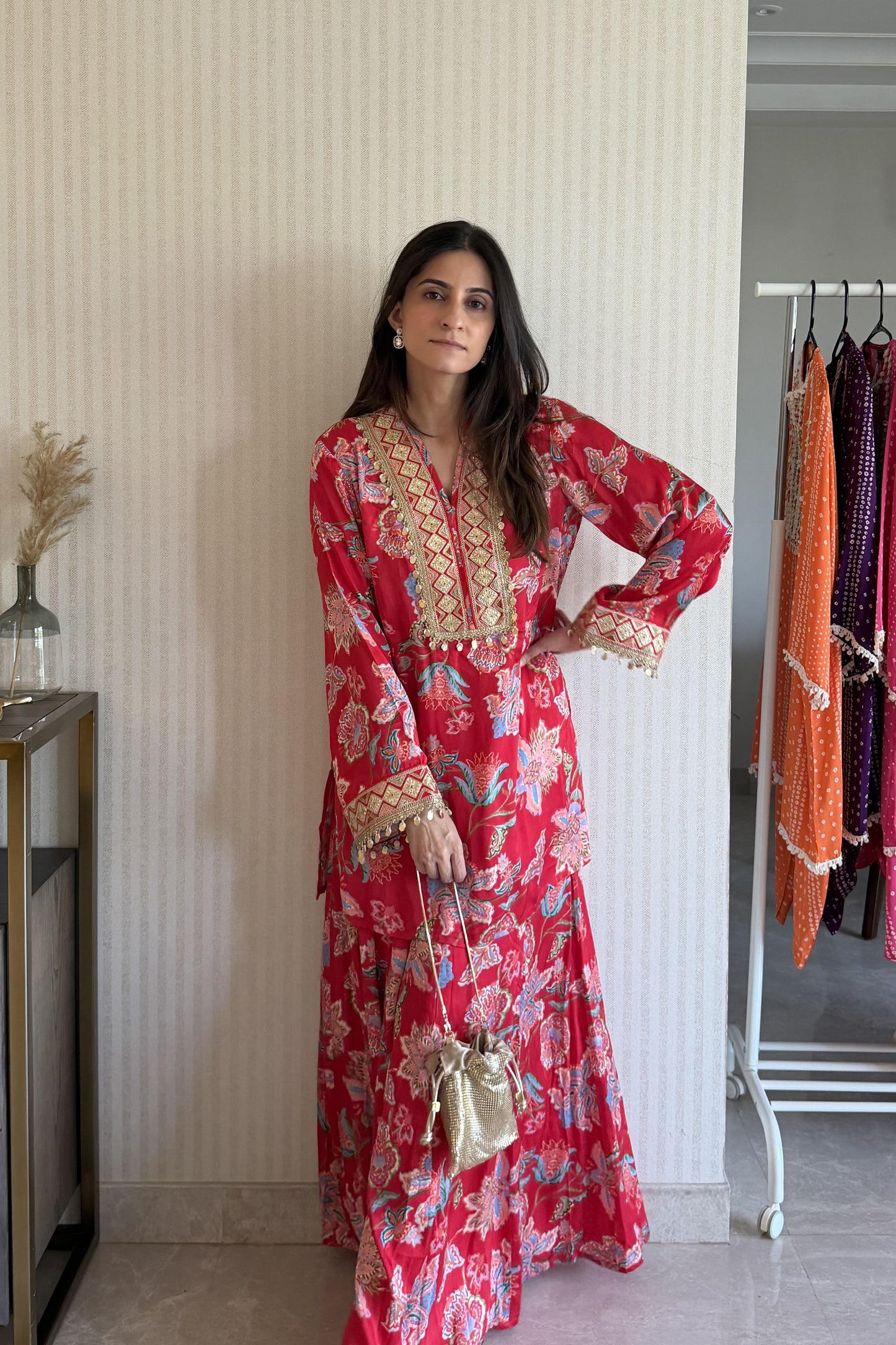 Red Jaal Short Kurta Set