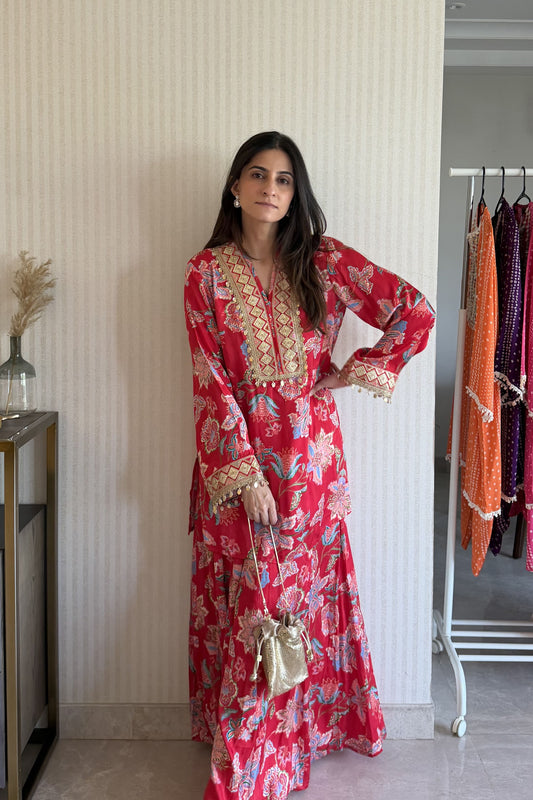 Red Jaal Short Kurta Set